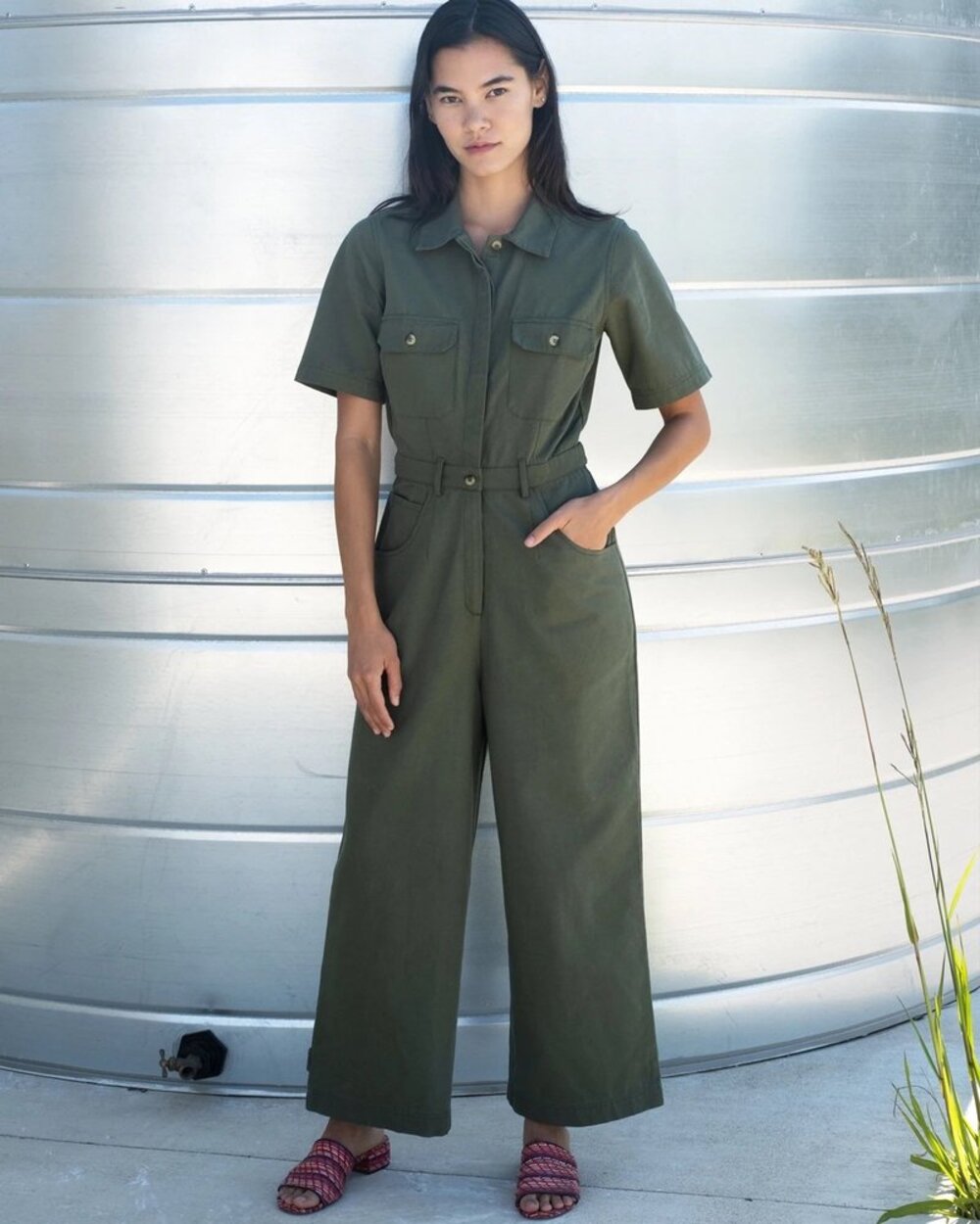 HarperSage Utility Jumpsuit Women's Medium Olive Green Wide Leg Button Front